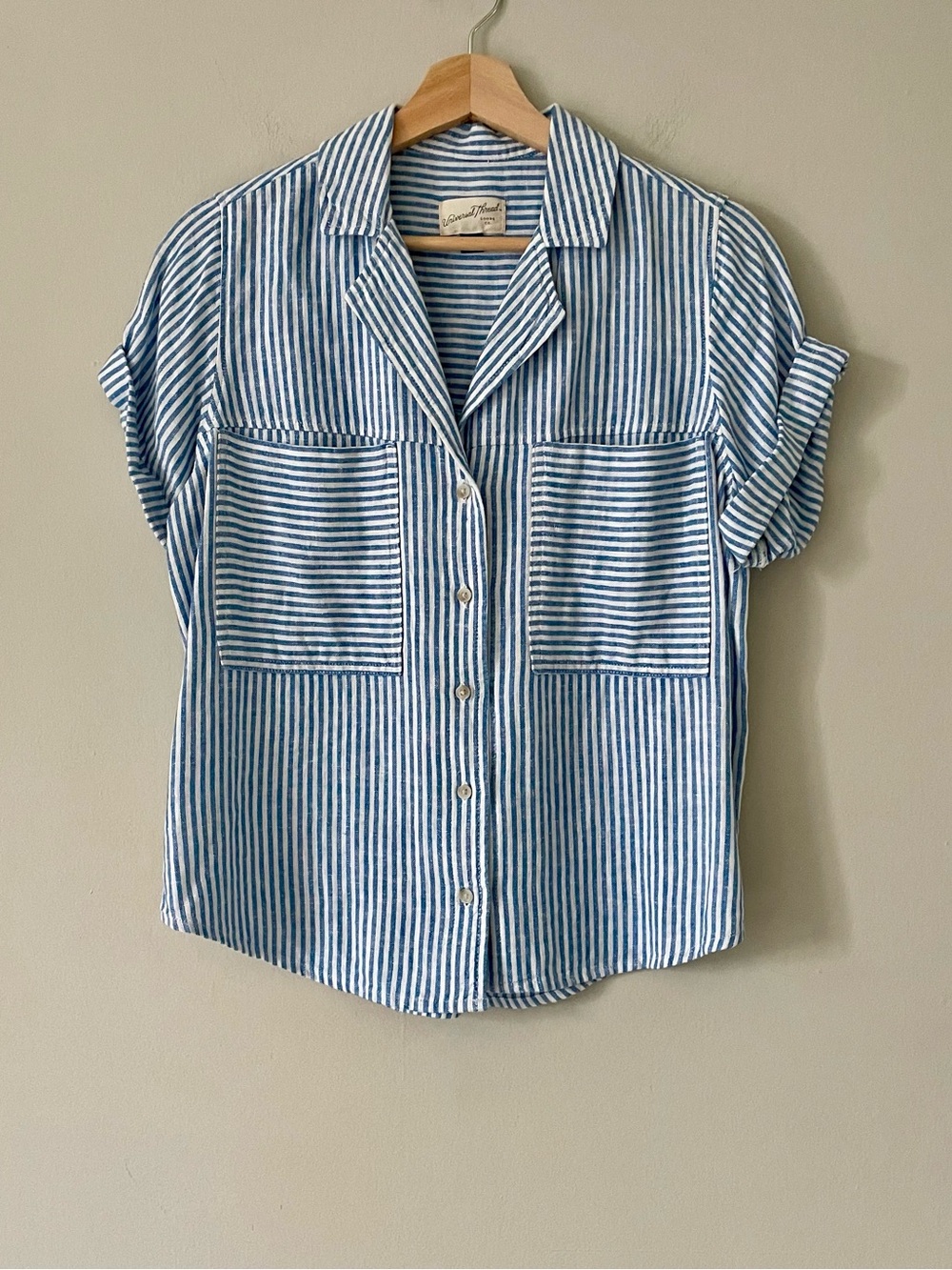 Universal Thread Linen Blend Striped Short Sleeve Button Down Top